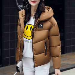 Hooded Collar Zipper Closure Headphone Logo Puffer Jacket - Brown