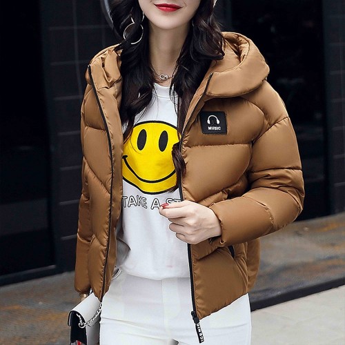 Hooded Collar Zipper Closure Headphone Logo Puffer Jacket - Brown |image