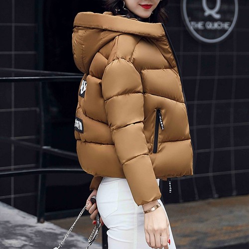 Hooded Collar Zipper Closure Headphone Logo Puffer Jacket - Brown |image