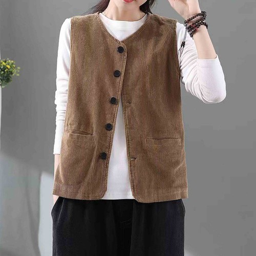 Button Closure Double Pocket Corduroy Shoulder Vest Coat - Brown |image