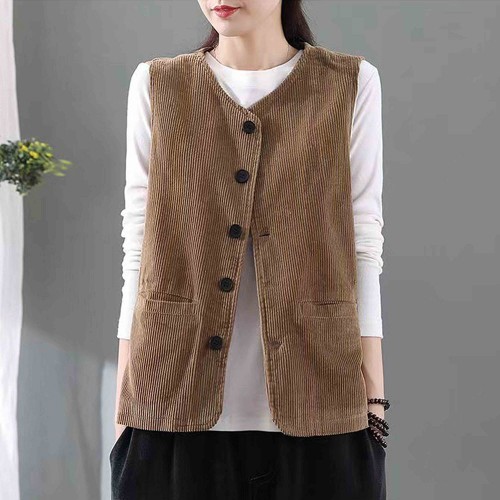 Button Closure Double Pocket Corduroy Shoulder Vest Coat - Brown |image
