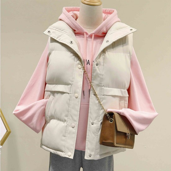 show images for Button Closure Sleeveless Pocket Padded Jacket - Cream Button Closure Sleeveless Pocket Padded Jacket - Cream |image