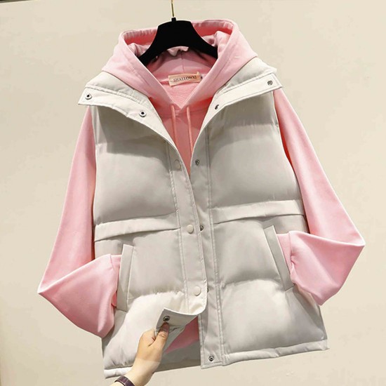 show images for Button Closure Sleeveless Pocket Padded Jacket - Cream Button Closure Sleeveless Pocket Padded Jacket - Cream |image
