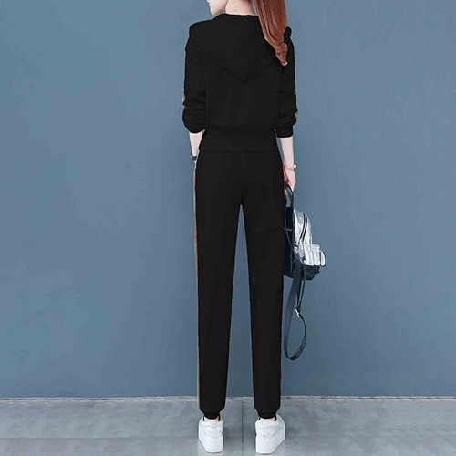 Full Zipper Embroidered Drawstring Hooded Sportswear - Black |image