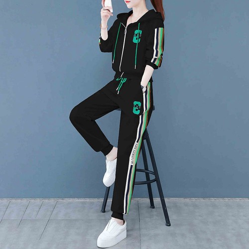 Full Zipper Embroidered Drawstring Hooded Sportswear - Black |image