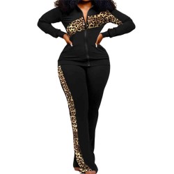 Contrast Leopard Printed Zipper Closure Two Piece Sportswear - Black