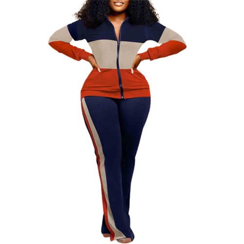 Long Sleeve Two Piece Multicolor Full Zipper Sportswear - Blue |image