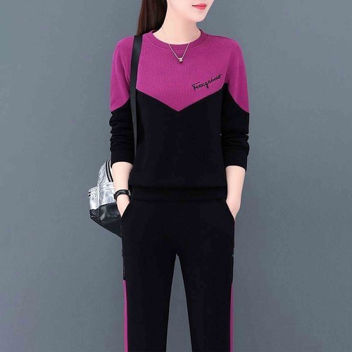 Round Neck Vertical Alphabet Printing Leisure Style Sportswear - Purple |image