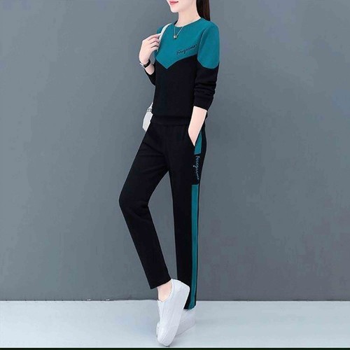 Round Neck Vertical Alphabet Printing Leisure Style Sportswear - Green |image