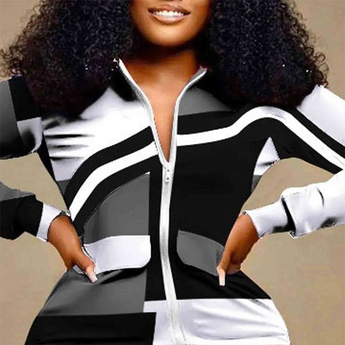 Geometric Pattern Two Piece Zipper Closing Sportswear - Black |image