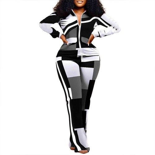 Geometric Pattern Two Piece Zipper Closing Sportswear - Black |image