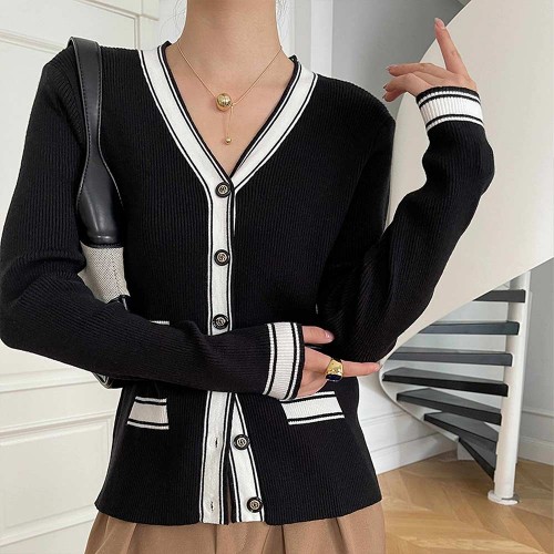 Cardigan Style Soft Waxy Button Closure Women Sweater - Black |image