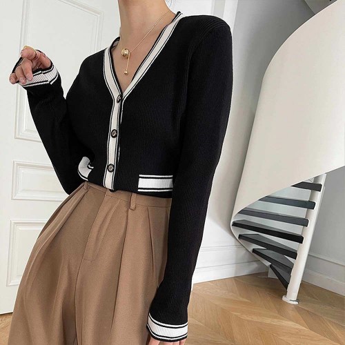 Cardigan Style Soft Waxy Button Closure Women Sweater - Black |image