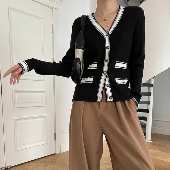 Cardigan Style Soft Waxy Button Closure Women Sweater - Black |image