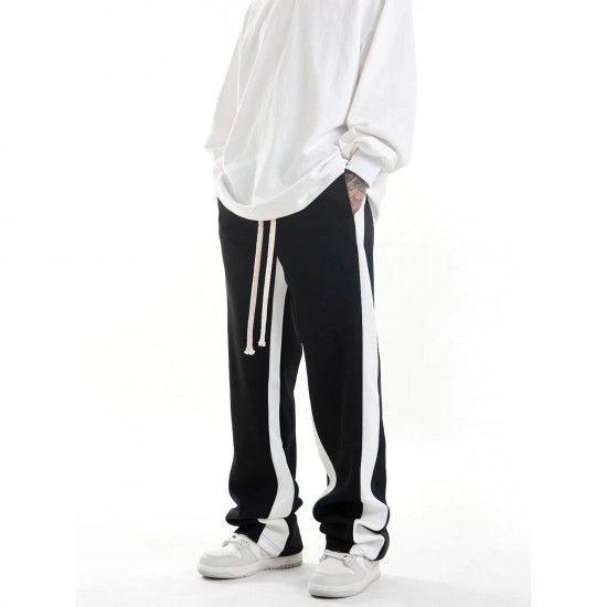 Casual Style Loose Striped Drawstring Elastic Trousers - Black |image