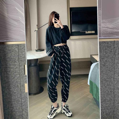 Straight High Waist Letter Printed Drawstring Closure Pants - Black |image
