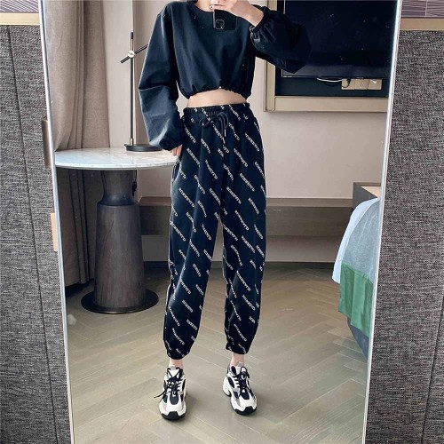 Straight High Waist Letter Printed Drawstring Closure Pants - Black |image