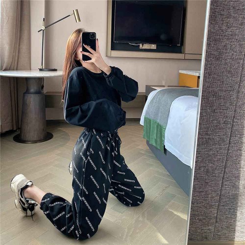 Straight High Waist Letter Printed Drawstring Closure Pants - Black |image