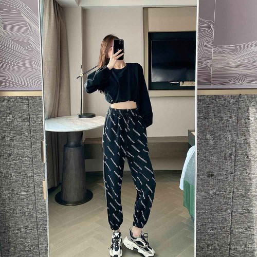 Straight High Waist Letter Printed Drawstring Closure Pants - Black |image