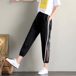 Side Striped Joggers High Waist Lace Cutout Women Trousers - Black