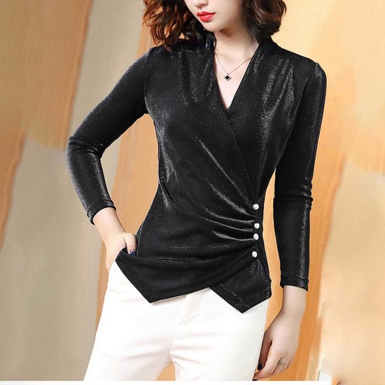 Elegant Shiny Velvet V Neck Solid Long Sleeve Women Tops - Black |image