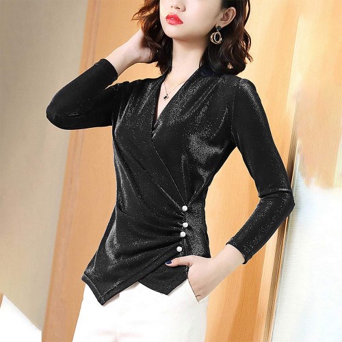 Elegant Shiny Velvet V Neck Solid Long Sleeve Women Tops - Black |image