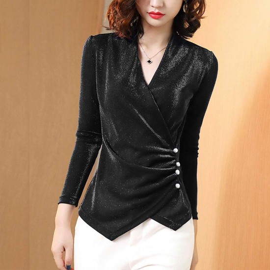 Elegant Shiny Velvet V Neck Solid Long Sleeve Women Tops - Black |image