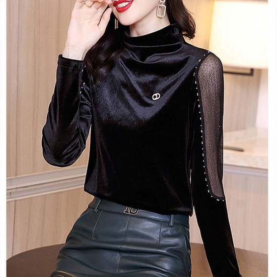 Open Bottom Turtleneck Mesh Bedded Embroidered Tops - Black |image