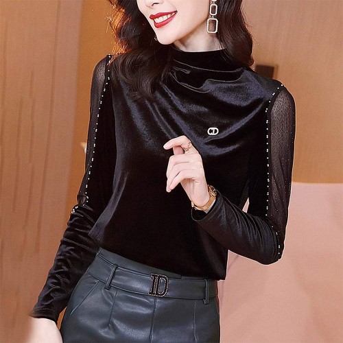 Open Bottom Turtleneck Mesh Bedded Embroidered Tops - Black |image