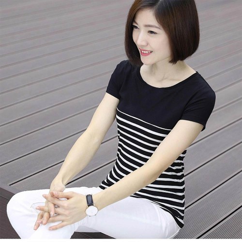 Striped Stitching V Neck Short Sleeve Women Tops - Black |image