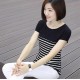 Striped Stitching V Neck Short Sleeve Women Tops - Black |image