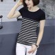 Striped Stitching V Neck Short Sleeve Women Tops - Black |image