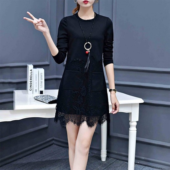 Sweet Style Lace Trim Patch Pocket Round Neck Mini Dress - Black |image