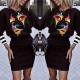 Face Printed O Neck Lantern Sleeve Women Mini Dress - Black |image