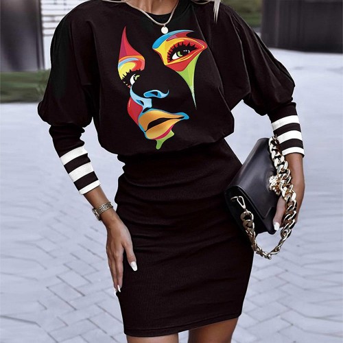 Face Printed O Neck Lantern Sleeve Women Mini Dress - Black |image