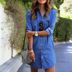 Cardigan Long Button Down Solid Color Patch Pockets Mini Dress - Light Blue 