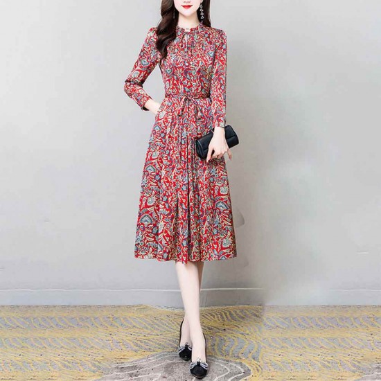 Korean Style Floral Print Waist Belt Women Midi Dress - Red |image