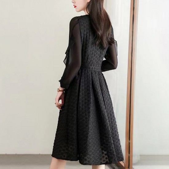 Casual Style Ruffled Puff Sleeve Waist Slimming Midi Dress - Black |image