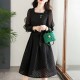 Casual Style Ruffled Puff Sleeve Waist Slimming Midi Dress - Black |image