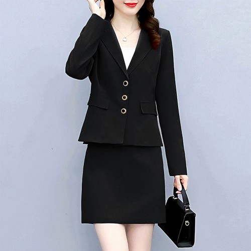 Elegant Solid Color Two Piece A Line Skirt And Formal Lapel Collar Coat - Black |image