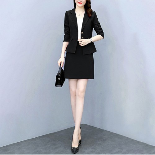 Elegant Solid Color Two Piece A Line Skirt And Formal Lapel Collar Coat - Black |image