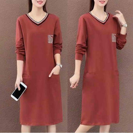 Casual Style Text Printed V Neck Slit Pockets Midi Dress - Brown |image