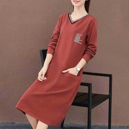 Casual Style Text Printed V Neck Slit Pockets Midi Dress - Brown |image