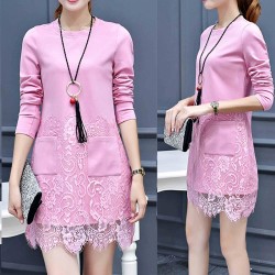 Sweet Style Lace Trim Patch Pocket Round Neck Mini Dress - Pink 
