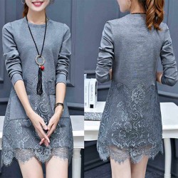 Sweet Style Lace Trim Patch Pocket Round Neck Mini Dress - Grey 