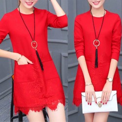 Sweet Style Lace Trim Patch Pocket Round Neck Mini Dress - Red 