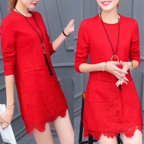 Sweet Style Lace Trim Patch Pocket Round Neck Mini Dress - Red |image