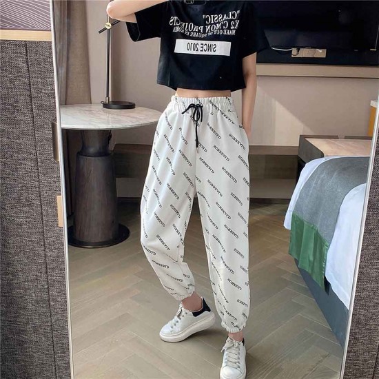 Straight High Waist Letter Printed Drawstring Closure Pants - White |image