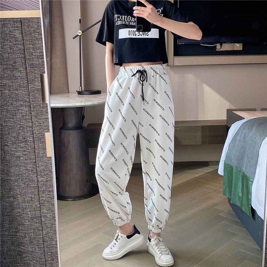 Straight High Waist Letter Printed Drawstring Closure Pants - White |image
