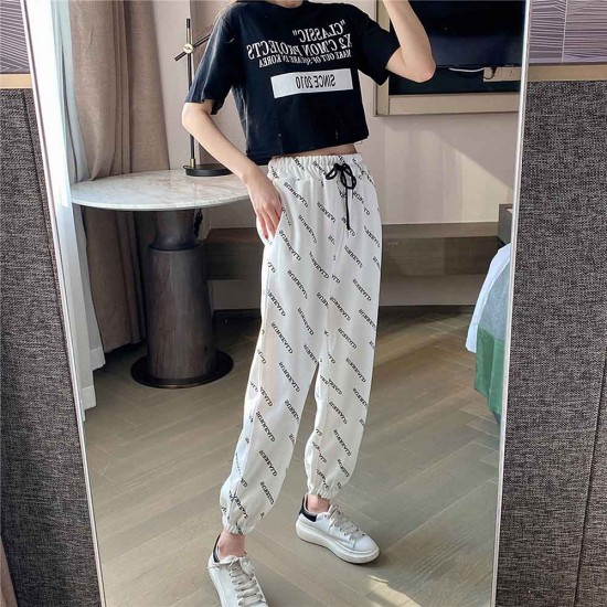Straight High Waist Letter Printed Drawstring Closure Pants - White |image